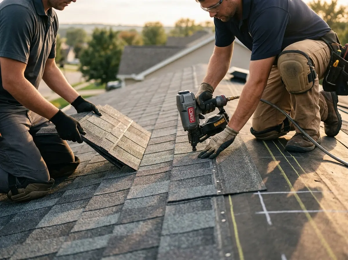Professional roofer working on a residential roof in Sonterra